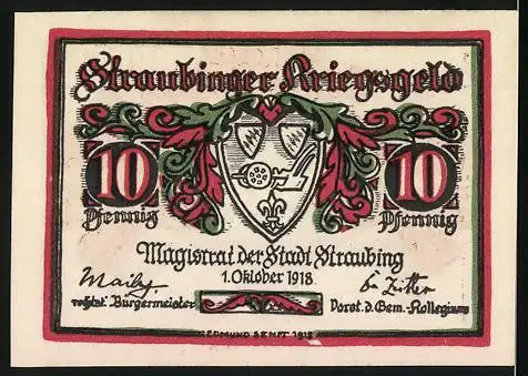 Notgeld Straubing 1918, 10 Pfennig, Gutschein über Zehn Pfennig gültig nur im Stadtbezirk bis 1. Jan. 1923