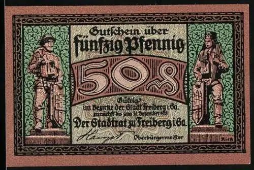 Notgeld Freiberg i. Sa., 50 Pfennig, Bergarbeiter und Stadtansicht