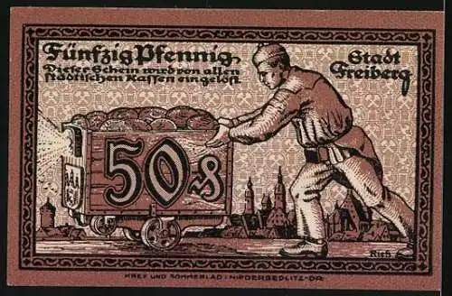 Notgeld Freiberg i. Sa., 50 Pfennig, Bergarbeiter und Stadtansicht