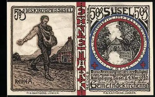 Notgeld Süsel, 1920, 2x 50 Pfennig, Sämann und Gebäude, Kirche und Vase