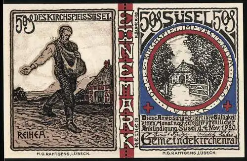 Notgeld Süsel 1920, 2x 50 Pfennig, Kirchspiel, Bauer bei der Aussaat