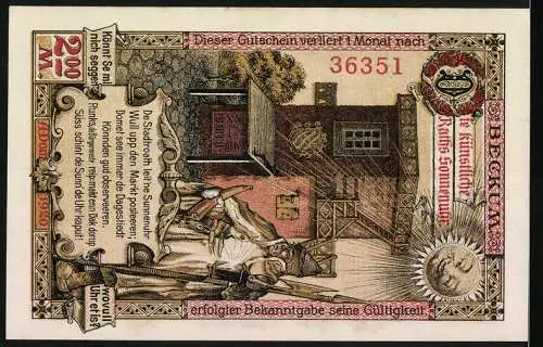 Notgeld Beckum, 1920, 2 Mark, Stadtwappen mit Frau und historische Szene