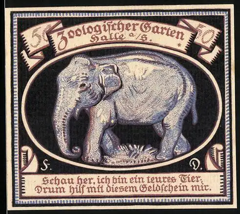 Notgeld Halle (Saale), 1921, 50 Pfennig, Zoologischer Garten Elefant und Hirsch