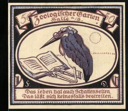 Notgeld Halle, 1921, 50 Pfennig, Zoologischer Garten mit Storch und Text, Rückseite mit Hirsch und Gültigkeit bis 1922