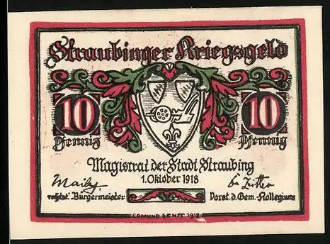 Notgeld Straubing 1918, 10 Pfennig, Gutschein über Zehn Pfennig, gültig bis 1. Januar 1923