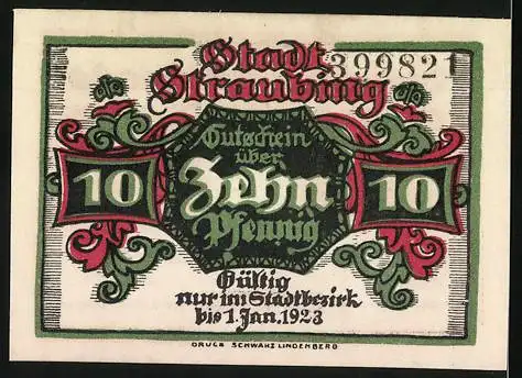 Notgeld Straubing 1918, 10 Pfennig, Gutschein über Zehn Pfennig, gültig bis 1. Januar 1923