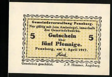 Notgeld Penzberg 1917, fünf Pfennige, Gutschein der Gemeindeverwaltung Penzberg, gültig mit Amtssiegel