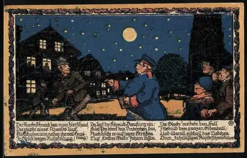 Notgeld Oelde 1921, 5 Mark, Nachtwächterszene und Stadtwappen-Design