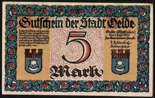 Notgeld Oelde 1921, 5 Mark, Nachtwächterszene und Stadtwappen-Design