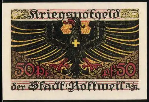 Notgeld Rottweil 1918, 50 Pfennig, Kriegsnotgeld mit Adler und Stadtwappen, gültig bis 31. Dezember 1919