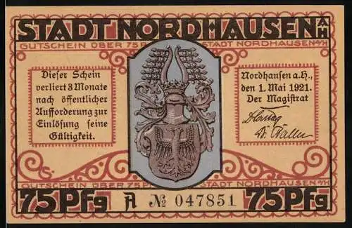 Notgeld Nordhausen 1921, 75 Pfennig, Wappen und Szene mit Sensenmann und Fass