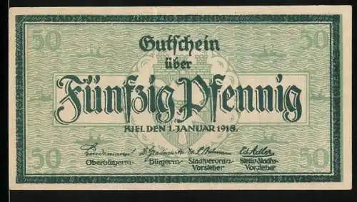 Notgeld Kiel 1918, 50 Pfennig, Gutschein über Fünfzig Pfennig mit Stadtmotiv und Rathaus