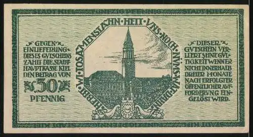 Notgeld Kiel 1918, 50 Pfennig, Gutschein über Fünfzig Pfennig mit Stadtmotiv und Rathaus