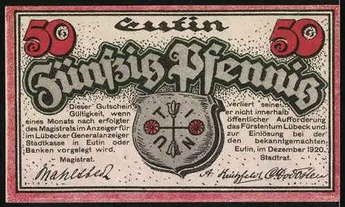 Notgeld Eutin, 1920, 50 Pfennig, Schloss und Stadtwappen, beide Seiten mit detaillierten Verzierungen