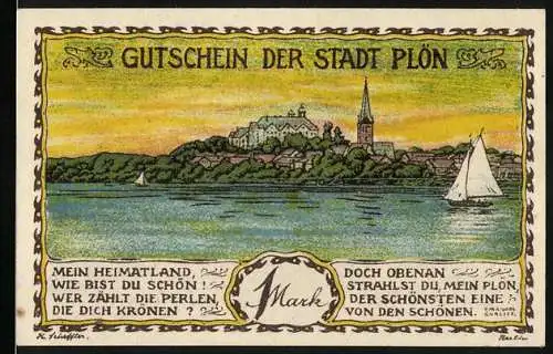 Notgeld Plön, 1921, 1 Mark, Gutschein der Stadt Plön mit Stadtansicht und Segelboot, Rückseite mit Stadtwappen