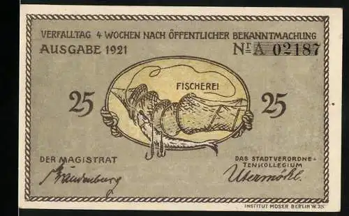 Notgeld Plön, 1921, 25 Pfennig, Fischerei und Stadtansicht von Alt Plön