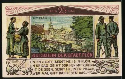 Notgeld Plön, 1921, 25 Pfennig, Fischerei und Stadtansicht von Alt Plön