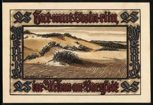 Notgeld Norddorf, 1921, 25 Pfennig, Dünenlandschaft und Porträt mit Wappen