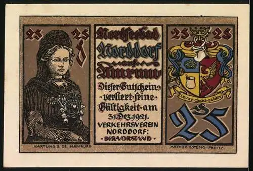 Notgeld Norddorf, 1921, 25 Pfennig, Dünenlandschaft und Porträt mit Wappen