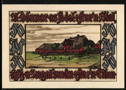 Notgeld Norddorf, 1921, 50 Pfennig, Abbildung eines Hauses und einer Frau mit Wappen