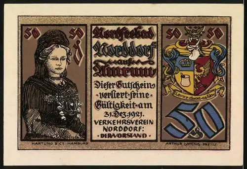 Notgeld Norddorf, 1921, 50 Pfennig, Abbildung eines Hauses und einer Frau mit Wappen