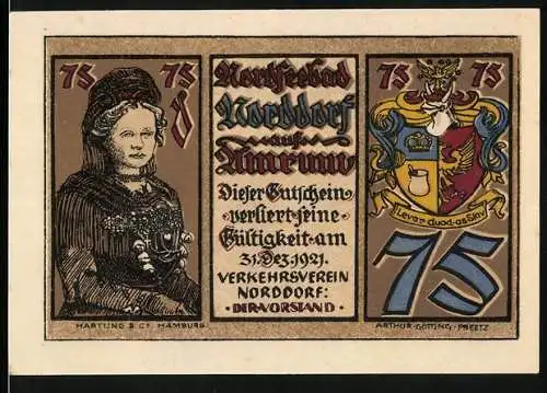 Notgeld Norddorf 1921, 75 Pfennig, Frau mit Krug und Wappen, Rückseite Dorfansicht