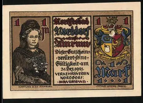 Notgeld Norddorf, 1921, 1 Mark, Darstellung einer Frau und eines Wappens, Innenraumillustration auf der Rückseite