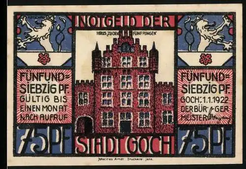 Notgeld Goch, 1922, 75 Pf, Haus zu den fünf Ringen, Stadtansicht und Szene mit Menschen im Wald