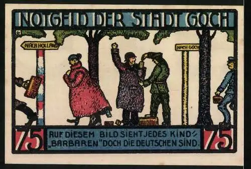 Notgeld Goch, 1922, 75 Pf, Haus zu den fünf Ringen, Stadtansicht und Szene mit Menschen im Wald