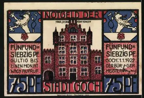 Notgeld Goch, 1922, 75 Pfennig, holländische Reisenden und Haus zu den fünf Ringen