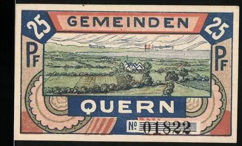 Notgeld Quern, 1921, 25 Pf, Landschaft und Gebäude mit Gedenkstein 1848-50