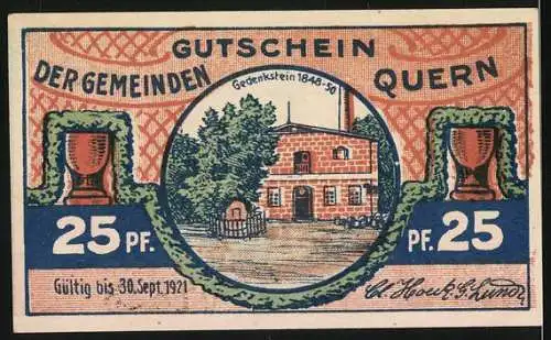 Notgeld Quern, 1921, 25 Pf, Landschaft und Gebäude mit Gedenkstein 1848-50