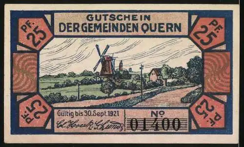 Notgeld Quern, 1921, 25 Pfennig, Junge mit Fahne und Windmühle im Hintergrund