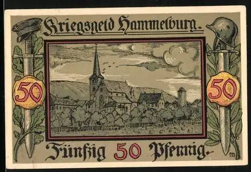 Notgeld Hammelburg, 1918, 50 Pfennig, Kirche und Wappen mit Kreuz und Blumen, gültig bis 6 Monate nach Friedensschluss
