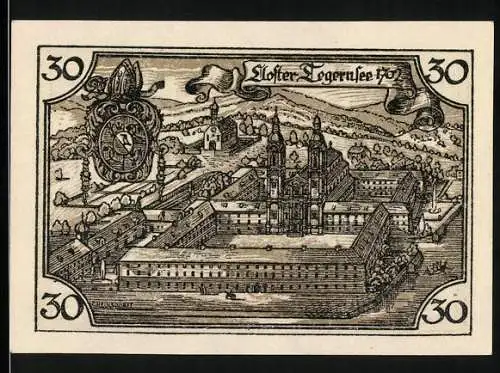 Notgeld Tegernsee 1921, 30 Pfennig, Kloster Tegernsee und Gründungsfiguren Graf Adalbert und Otkar Huosi
