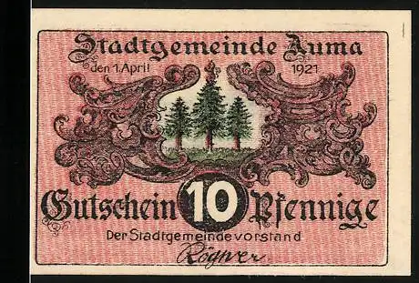 Notgeld Auma 1921, 10 Pfennig, Stadtgemeinde Auma mit Wald und Pilzen, Rückseite mit Pilzesammler im Wald