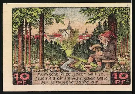 Notgeld Auma 1921, 10 Pfennig, Stadtgemeinde Auma mit Wald und Pilzen, Rückseite mit Pilzesammler im Wald