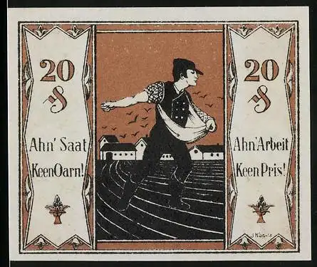 Notgeld Tonndorf-Lohe 1921, 20 Pfennig, Bauer bei der Arbeit, Sprüche über Saat und Arbeit
