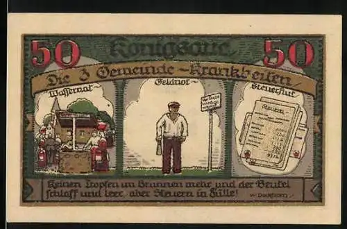 Notgeld Halberstadt 1921, 50 Pfennig, Die 3 Gemeinde-Krankheiten und Die Heilkur unterm goldnen Baum