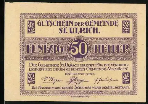 Notgeld St. Ulrich 1920, 50 Heller, Gutschein der Gemeinde St. Ulrich mit Landschaftsabbildung