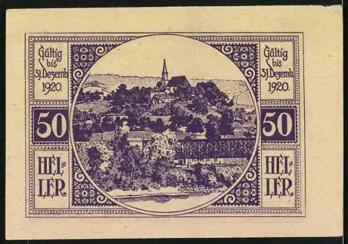 Notgeld St. Ulrich 1920, 50 Heller, Gutschein der Gemeinde St. Ulrich mit Landschaftsabbildung