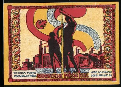 Notgeld Kiel, 1919, 1 Mark, Nordische Messe mit Arbeiterdarstellung und Industriemotiv