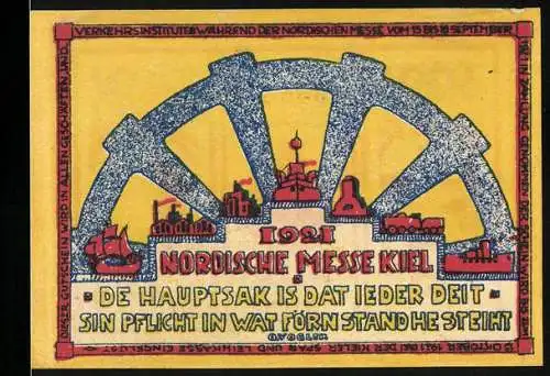 Notgeld Kiel 1921, 25 Pfennig, Nordische Messe mit Stadtansichten und Symbolen
