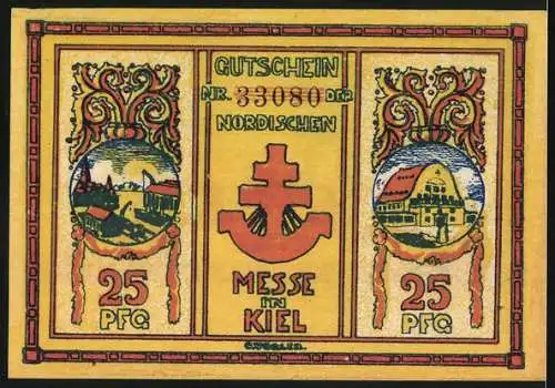 Notgeld Kiel 1921, 25 Pfennig, Nordische Messe mit Stadtansichten und Symbolen