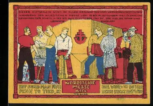 Notgeld Kiel, 1921, 50 Pfennig, Nordische Messe, bunte Marktszene und Segelschiff, Nr. 35902