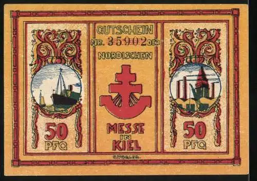 Notgeld Kiel, 1921, 50 Pfennig, Nordische Messe, bunte Marktszene und Segelschiff, Nr. 35902