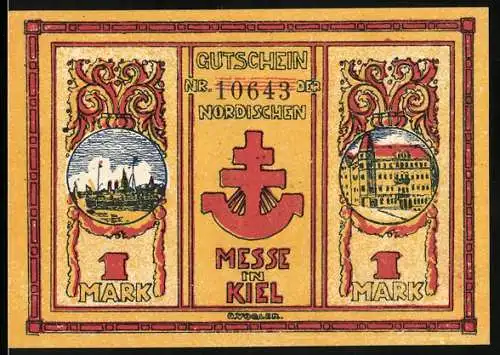 Notgeld Kiel, 1921, 1 Mark, Gutschein der Nordischen Messe in Kiel mit Schiffen und Gebäudemotiven