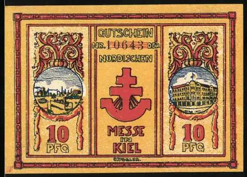 Notgeld Kiel, 10 Pfennig, Nordische Messe in Kiel, Nr. 10643, Abbildungen von Stadtansicht und Gebäude, rote Verzierung