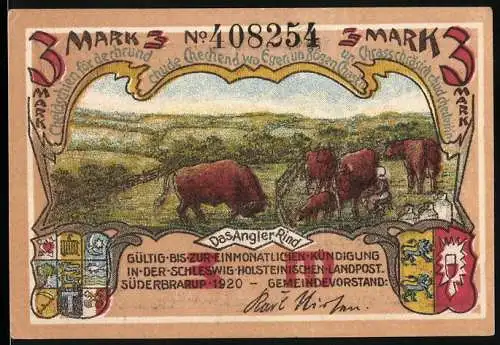 Notgeld Süderbrarup 1920, 3 Mark, Rinder und Landschaftsszene Motiv