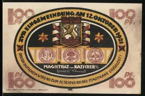 Notgeld Katscher 1921, 100 Pfennig, Einweihung am 12. Oktober 1921 mit Stadtwappen und landwirtschaftlicher Szene